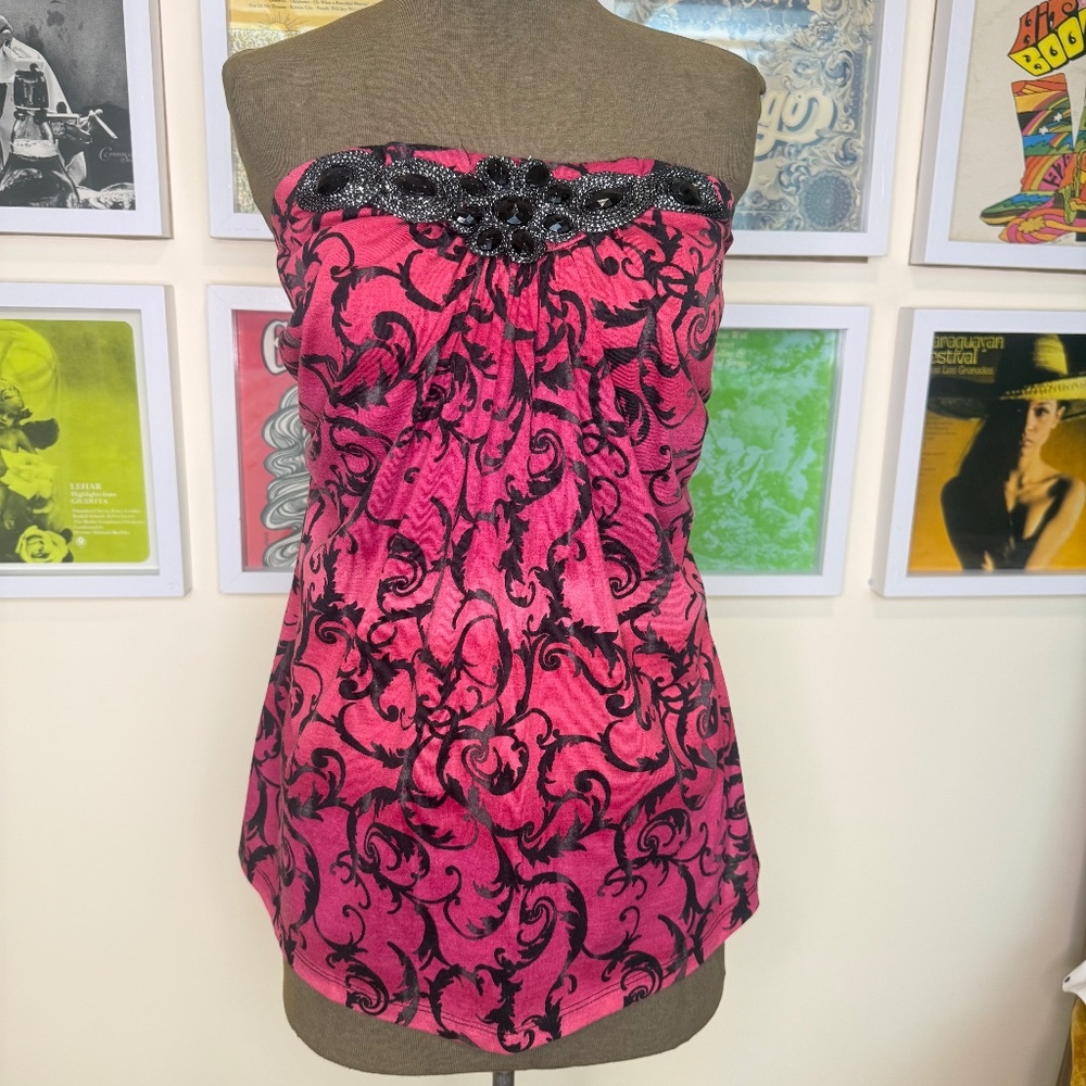 Y2K Pink & Black Jewelled Baroque Strapless Top Glam 🔥💖